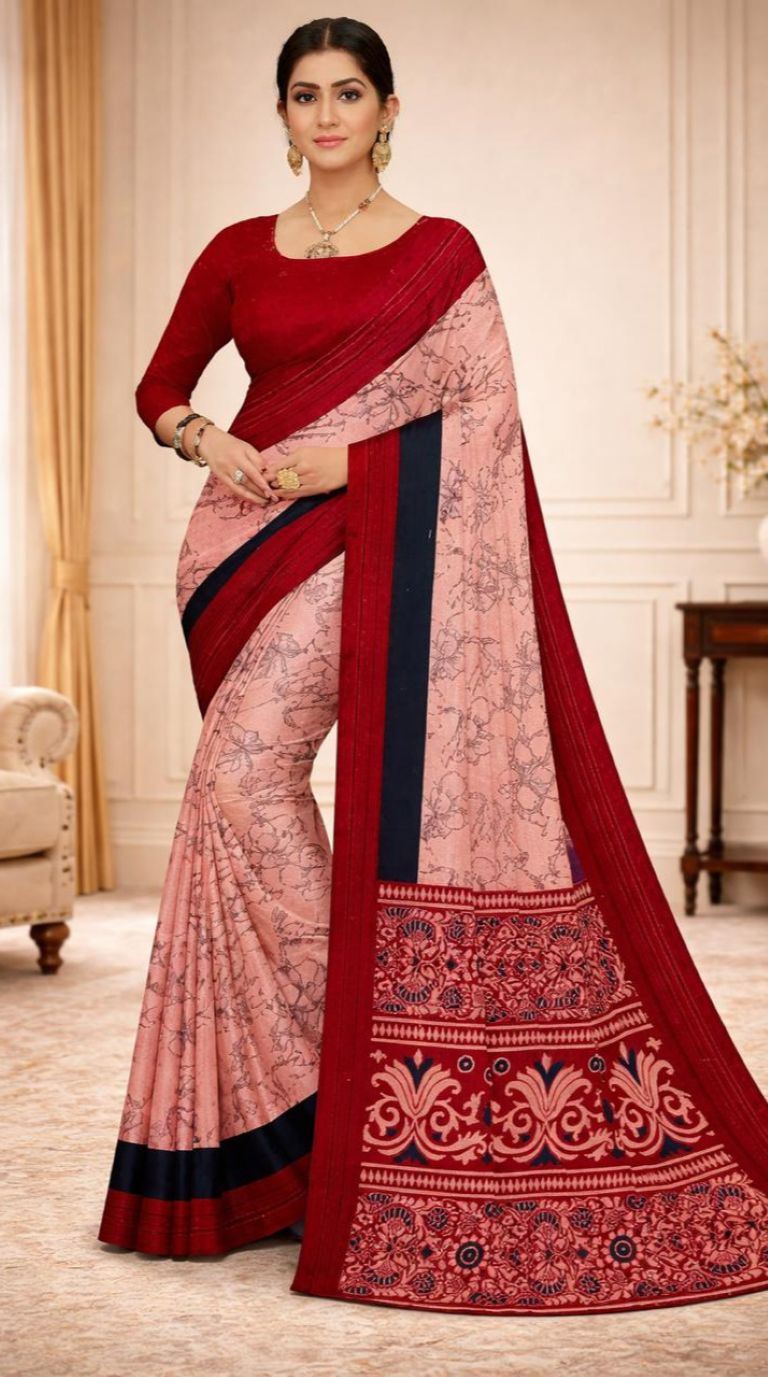 Georgette Peach Red Saree Floral