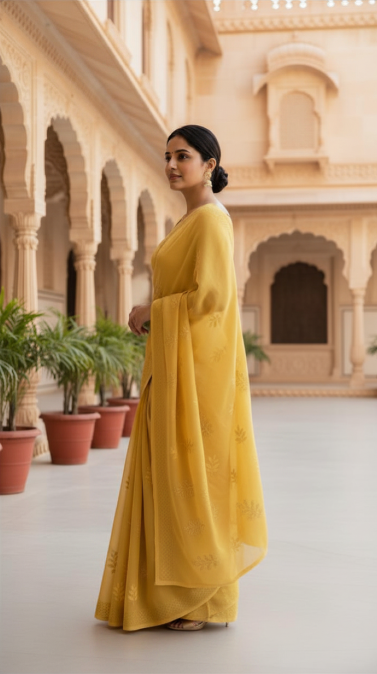 Designer Party Saree Georgette Yellow Saree