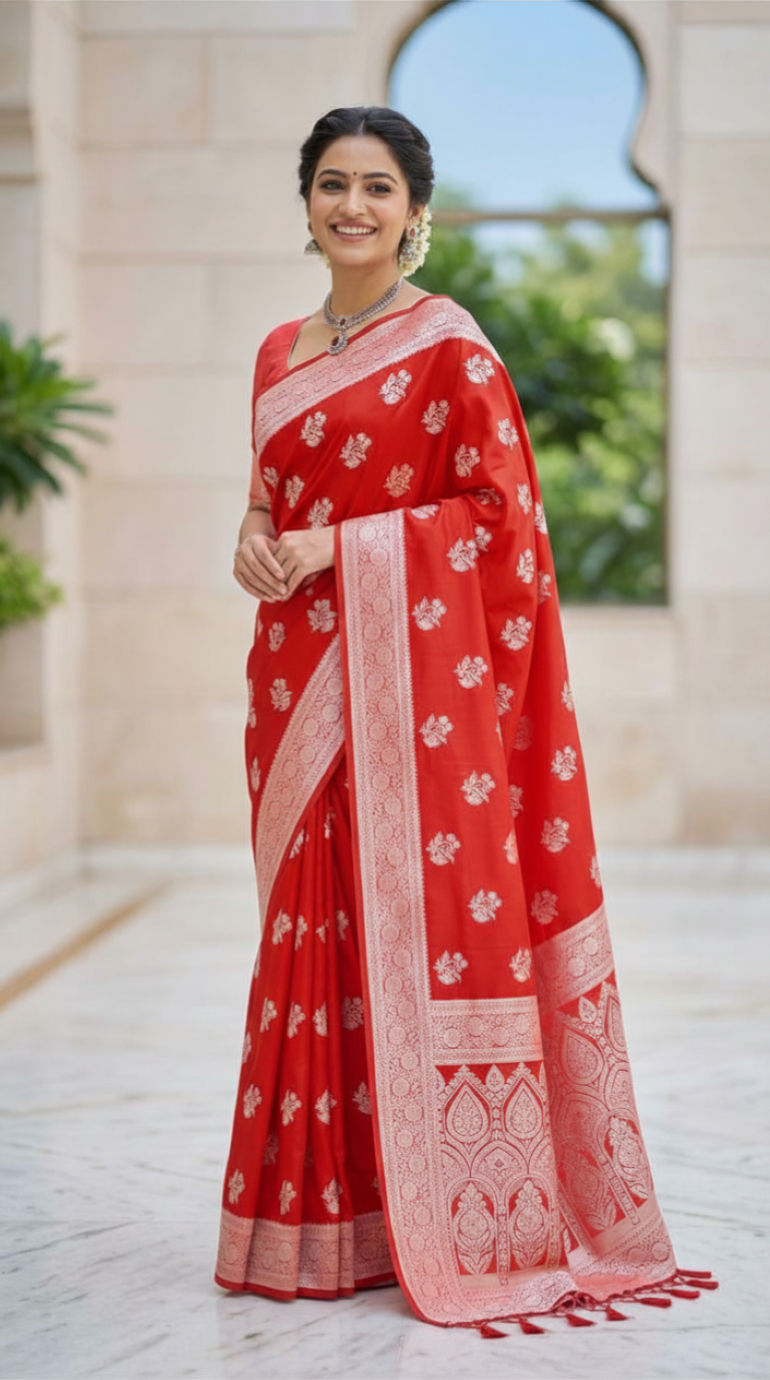 Beautiful Silk Saree Red Floral