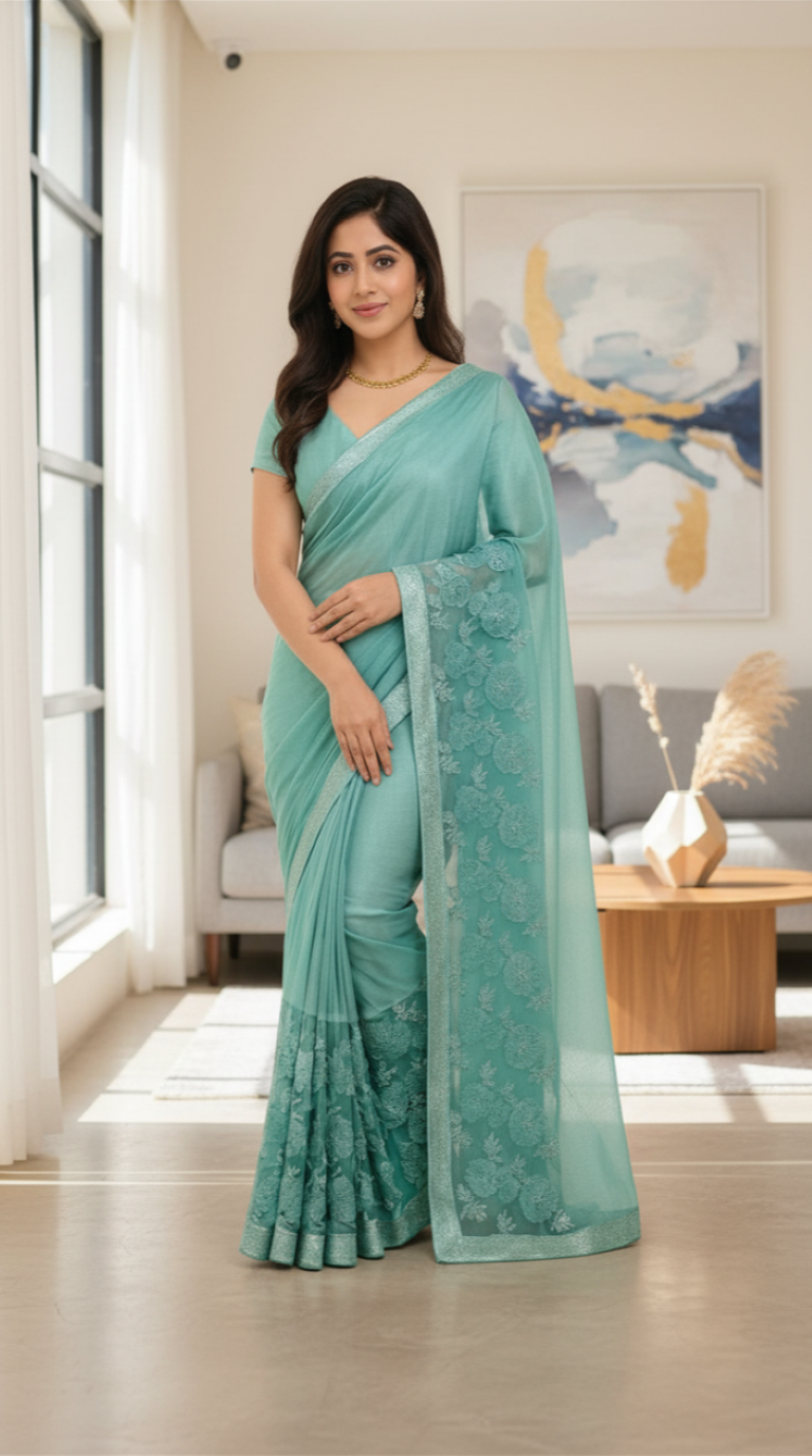Designer Party Saree Net Aqua