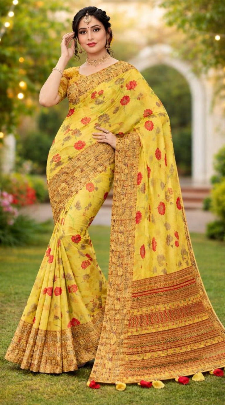 Cotton Saree Yellow 3D Print