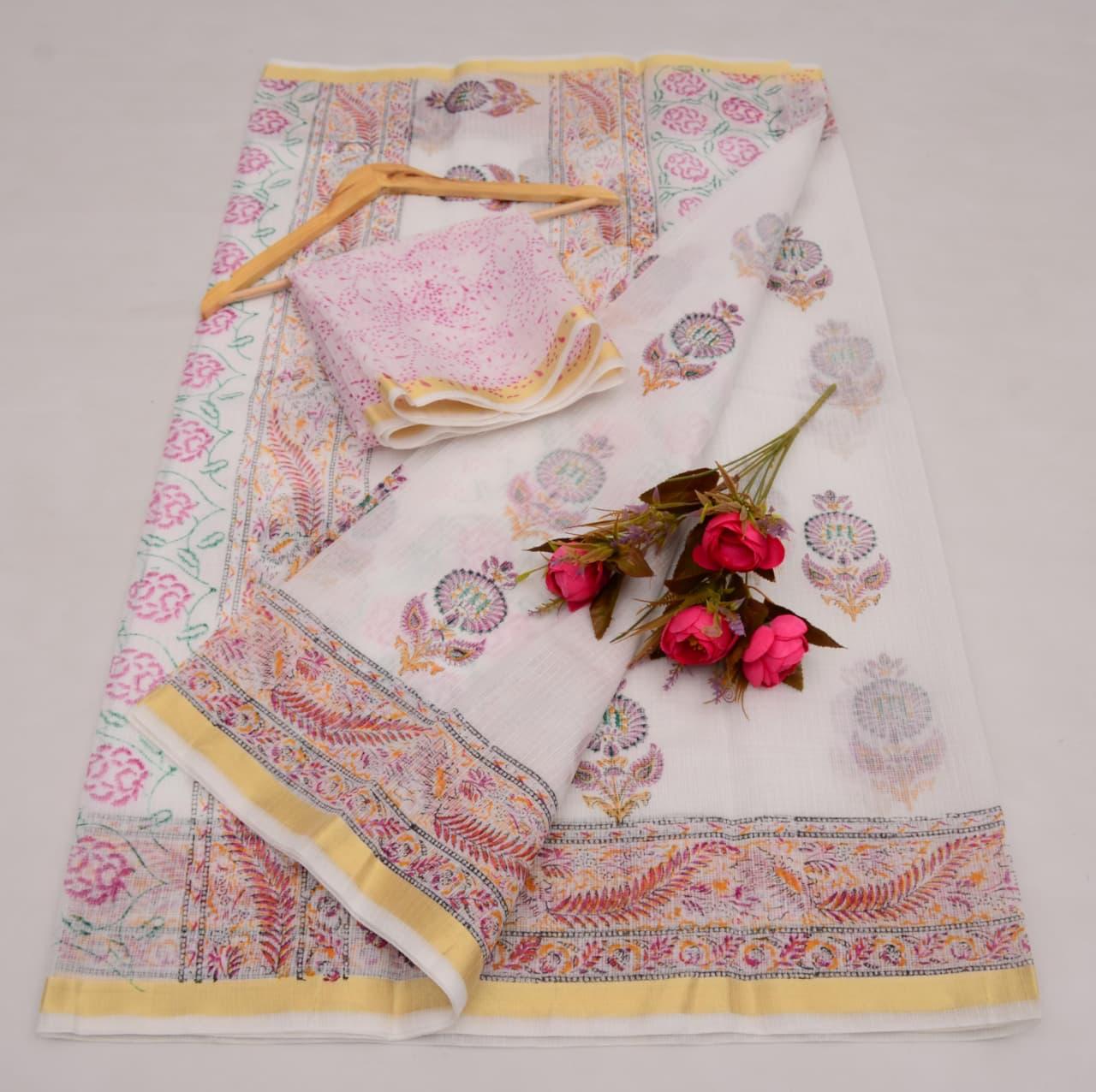 Kota Cotton Mix White Hand Block Print Saree