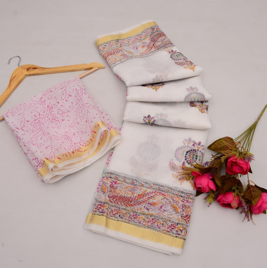 Kota Cotton Mix White Hand Block Print Saree