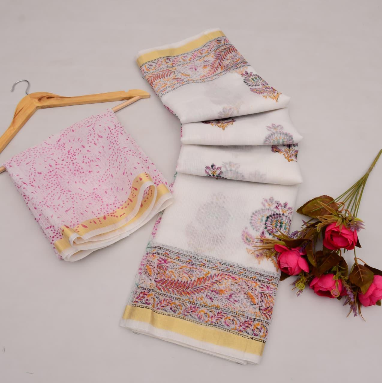 Kota Cotton Mix White Hand Block Print Saree