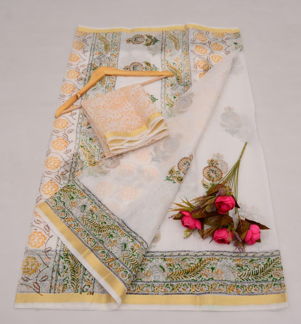 Kota Cotton Mix White Hand Block Print Saree