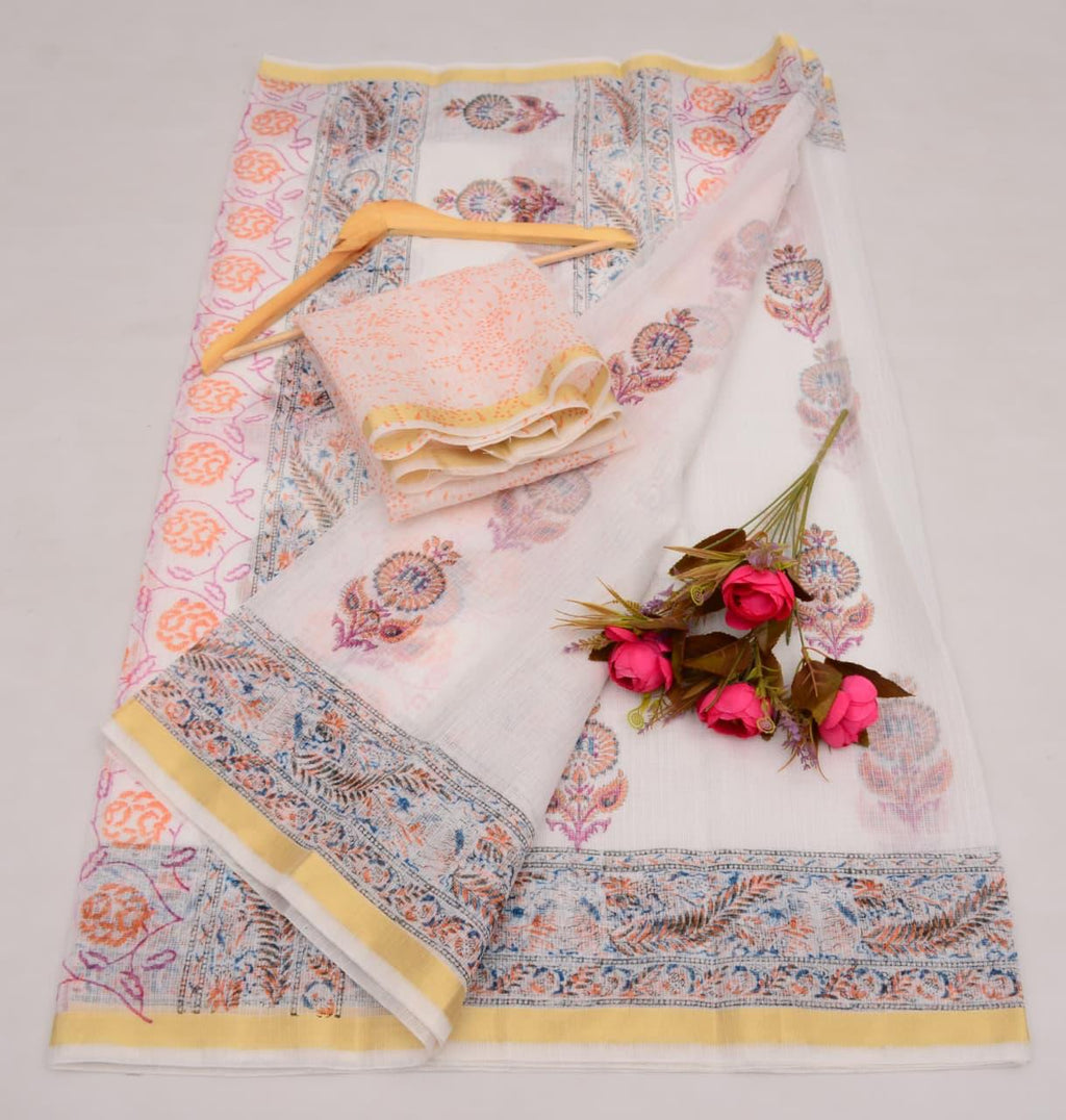 Kota Cotton Mix White Hand Block Print Saree