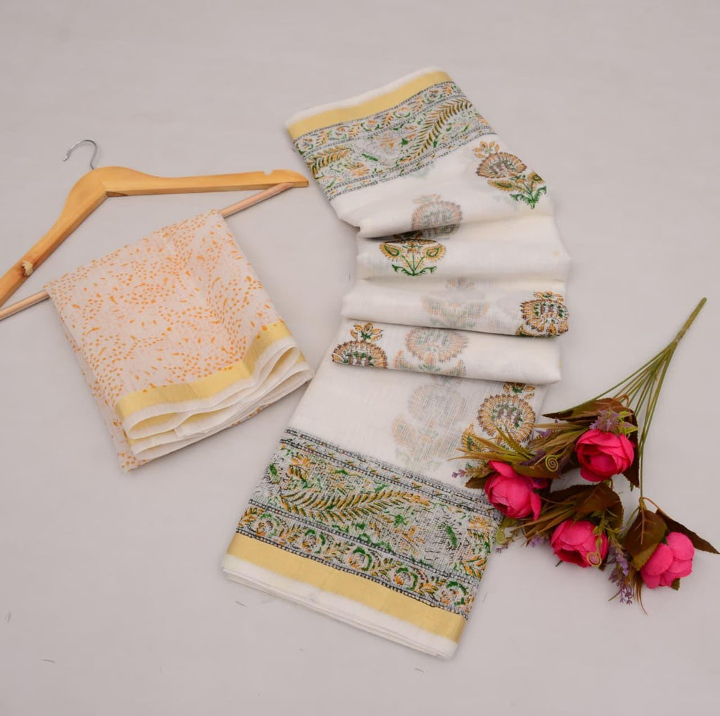 Kota Cotton Mix White Hand Block Print Saree