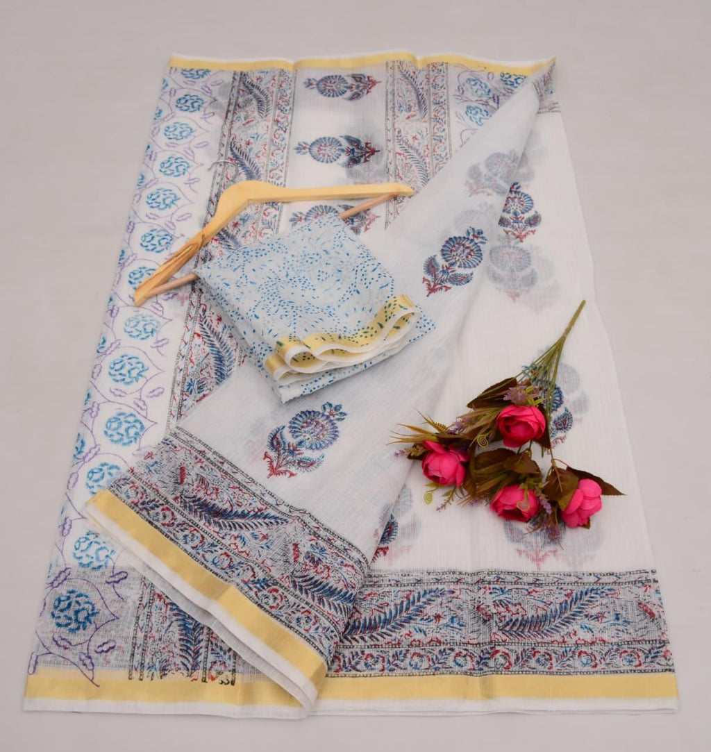 Kota Cotton Mix White Hand Block Print Saree