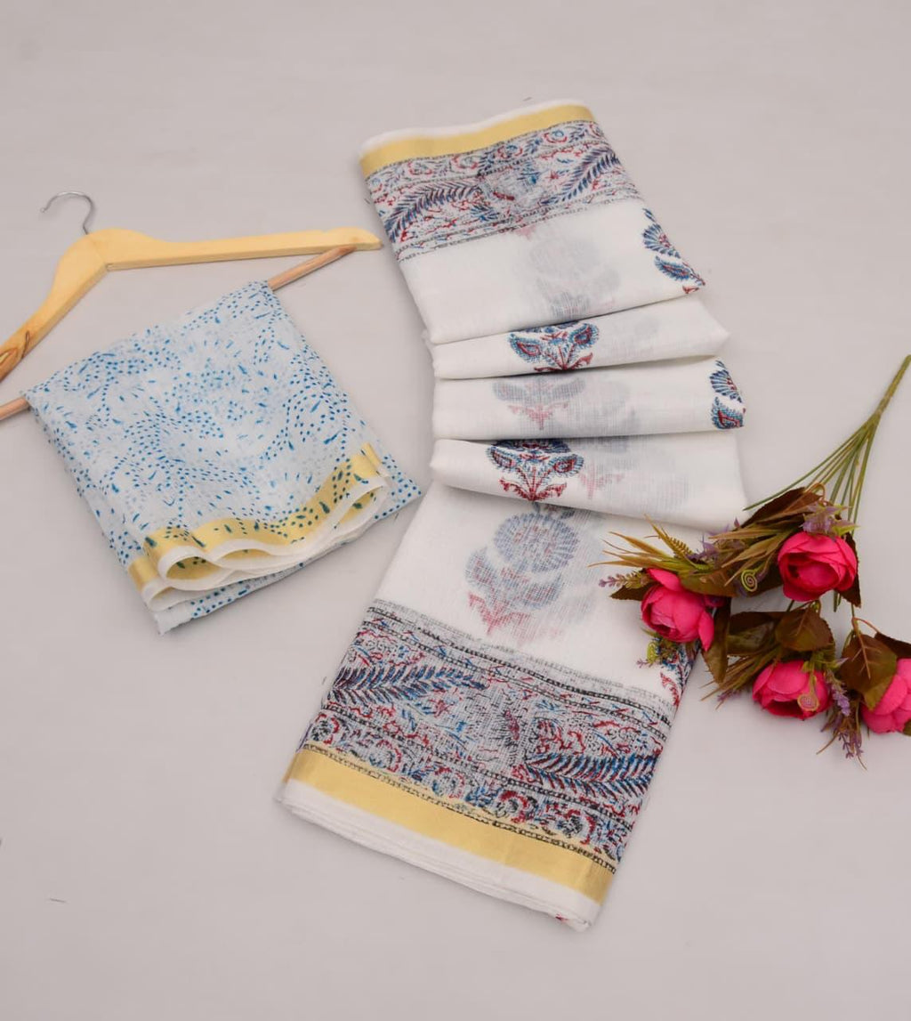Kota Cotton Mix White Hand Block Print Saree