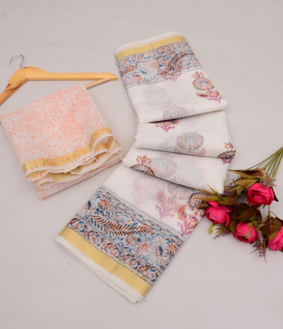 Kota Cotton Mix White Hand Block Print Saree