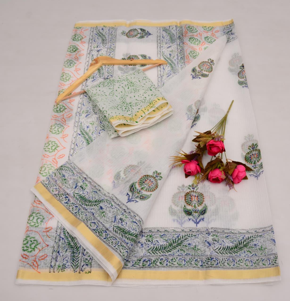 Kota Cotton Mix White Hand Block Print Saree
