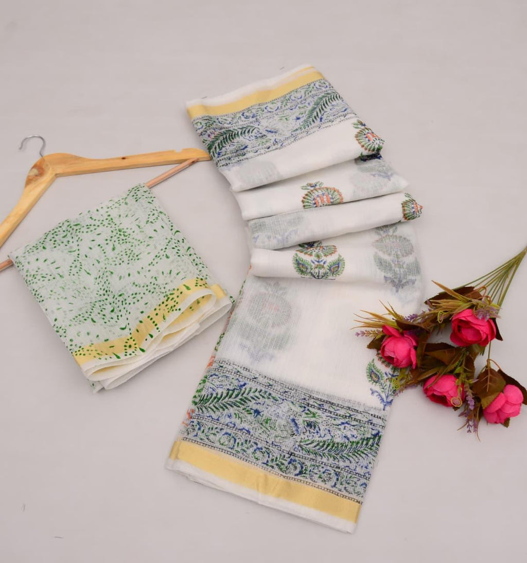 Kota Cotton Mix White Hand Block Print Saree