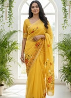 Kota Cotton Saree with Hand Brush Painting Yellow