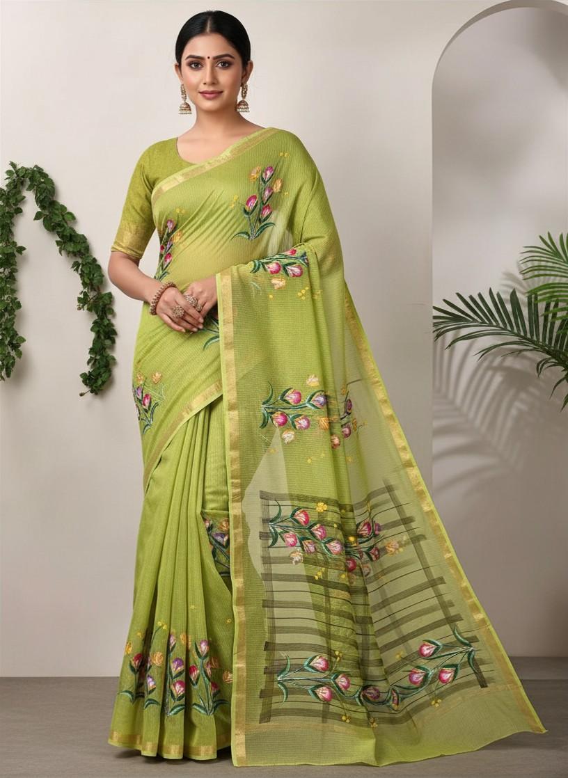 Kota Cotton Saree with Hand Brush Painting Light Green