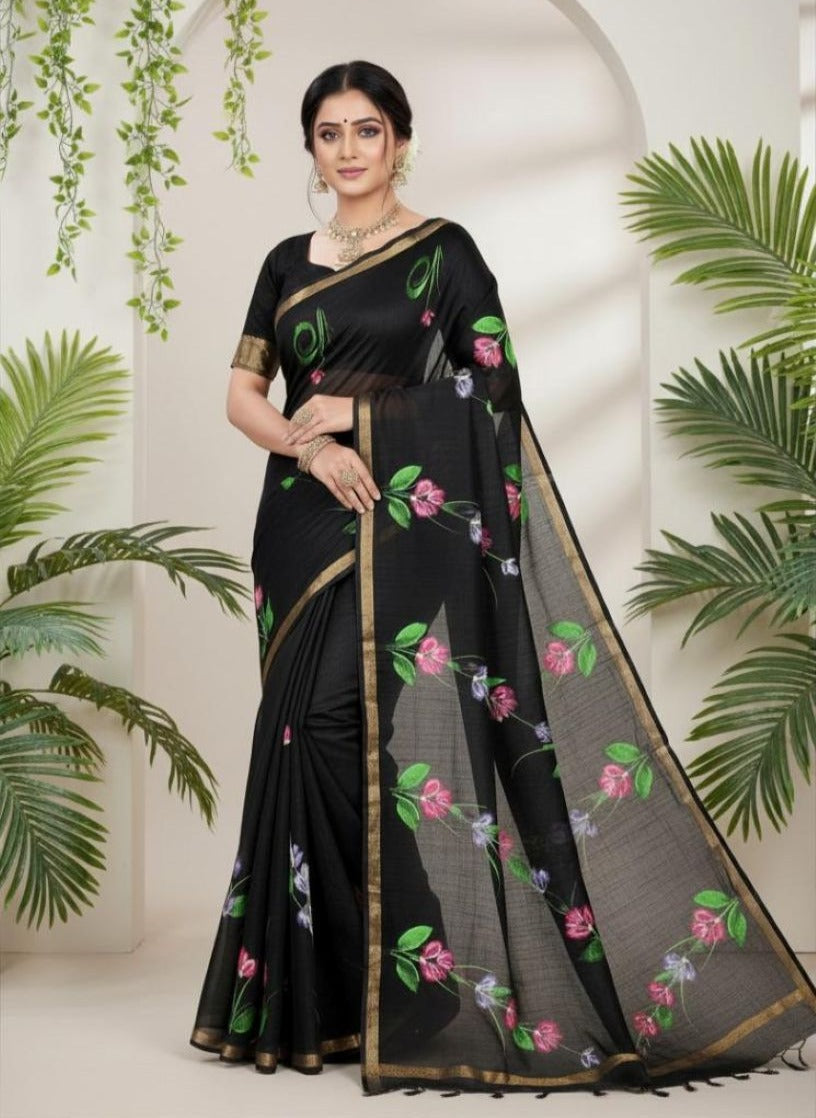 Kota Cotton Saree with Hand Brush Painting Black