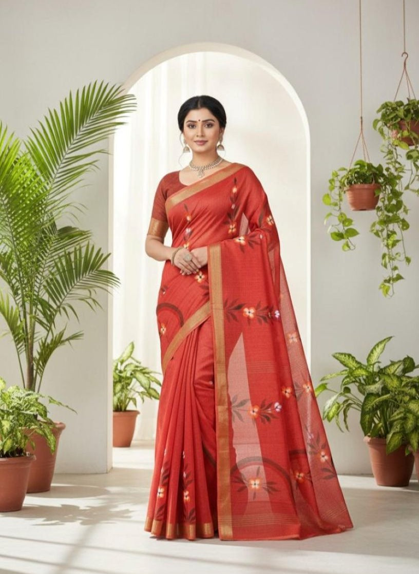 Kota Cotton Saree with Hand Brush Painting Light Red