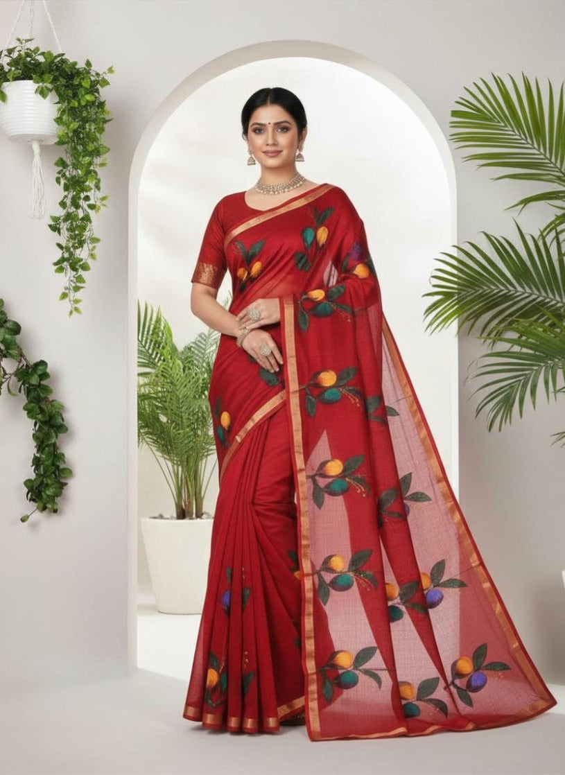 Kota Cotton Saree with Hand Brush Painting Bright Red