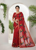 Kota Cotton Saree with Hand Brush Painting Bright Red