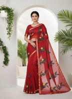 Kota Cotton Saree with Hand Brush Painting Bright Red