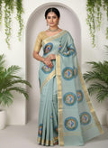Kota Cotton Saree with Hand Brush Painting Light Blue