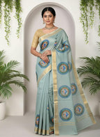 Kota Cotton Saree with Hand Brush Painting Light Blue