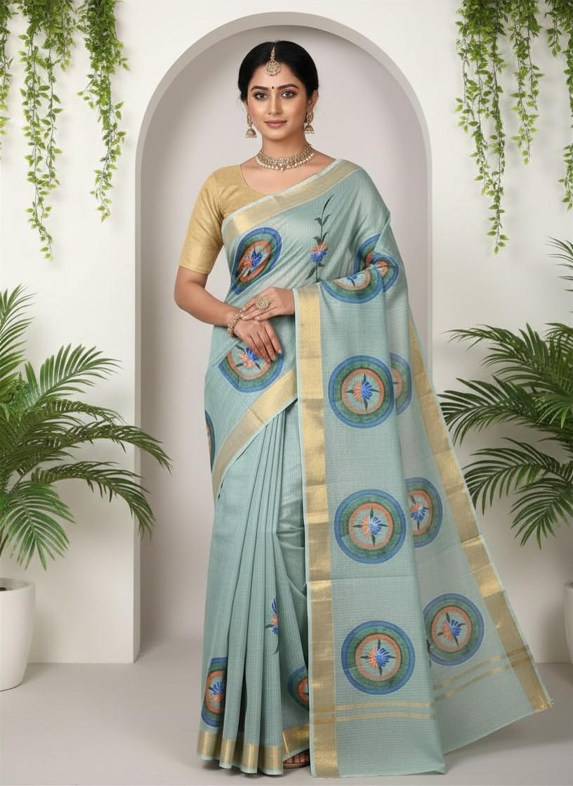 Kota Cotton Saree with Hand Brush Painting Light Blue