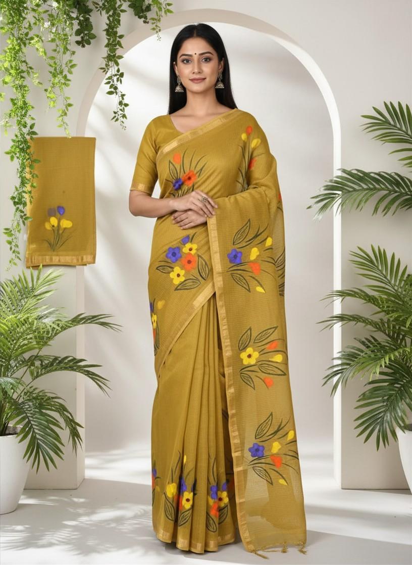 Kota Cotton Saree with Hand Brush Painting Mustard