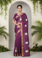 Kota Cotton Saree with Hand Brush Painting Purple