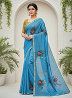Kota Cotton Saree with Hand Brush Painting Bright Blue