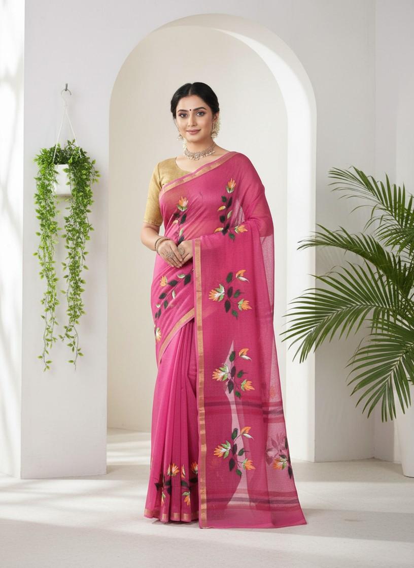 Kota Cotton Saree with Hand Brush Painting Floral Pink