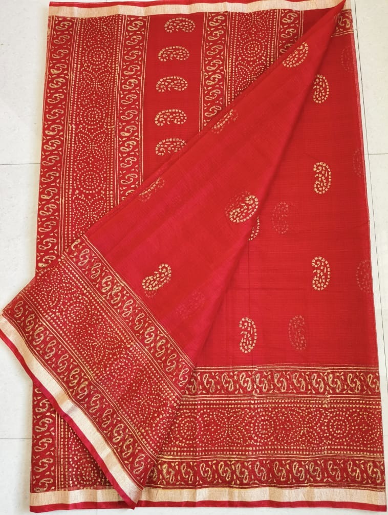 Kota Cotton Saree with Hand Block Print Red