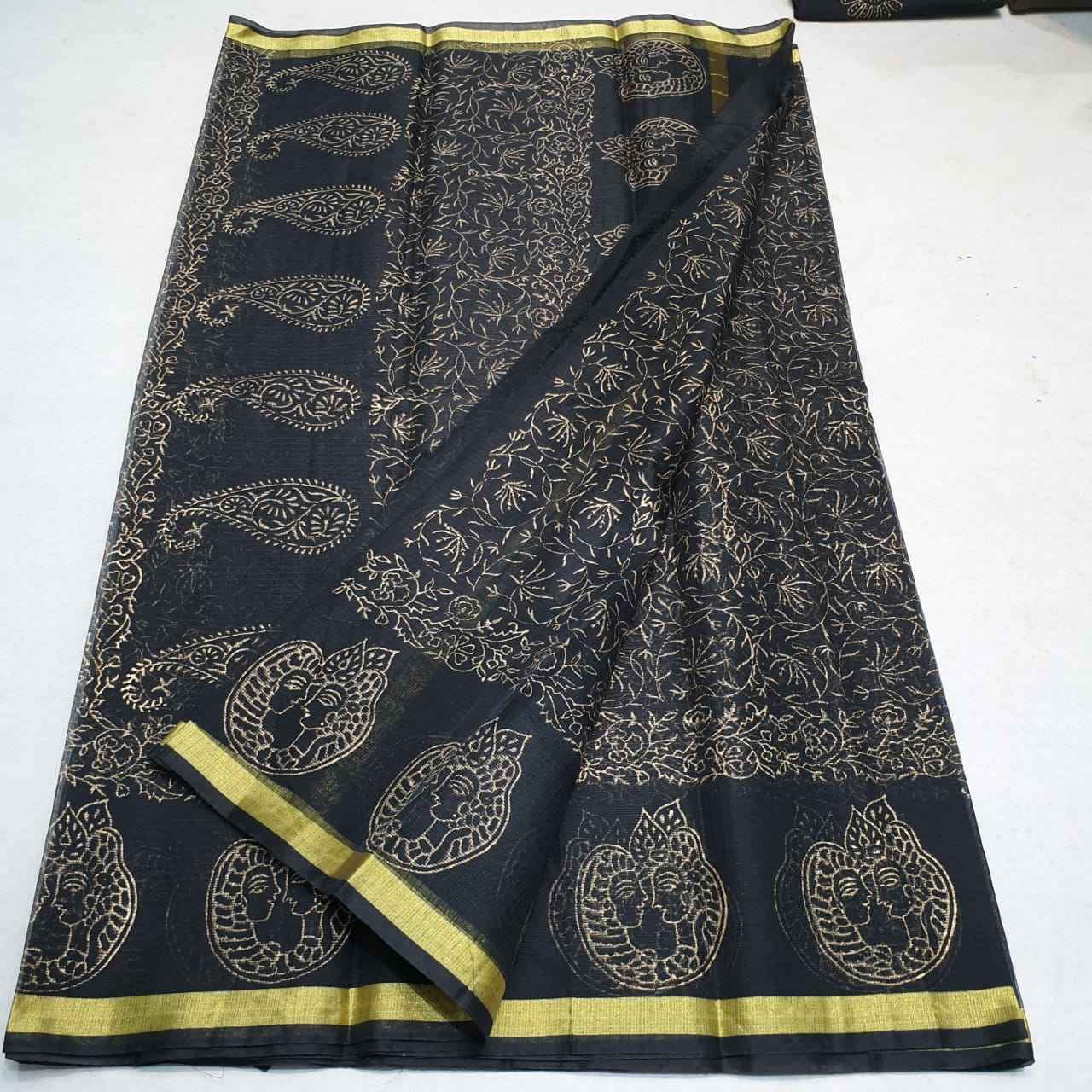 Kota Cotton Saree with Hand Block Print Black