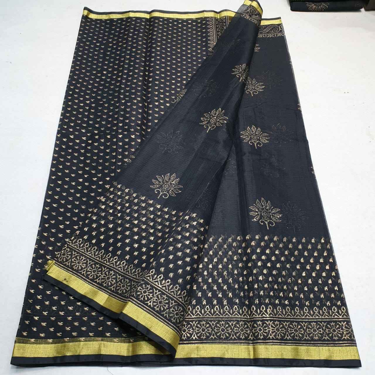 Kota Cotton Saree with Hand Block Print Black