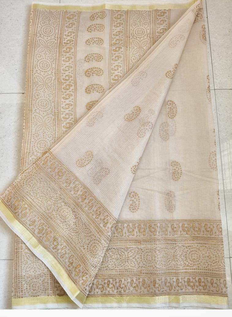 Kota Cotton Saree with Hand Block Print Cream