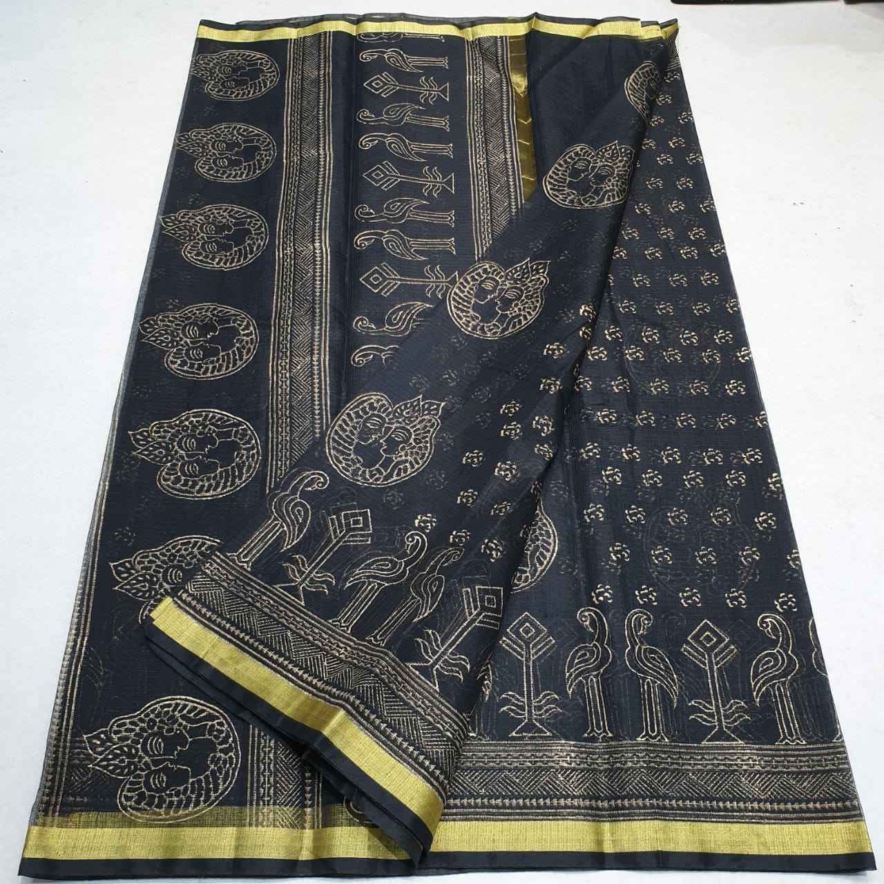 Kota Cotton Saree with Hand Block Print Black