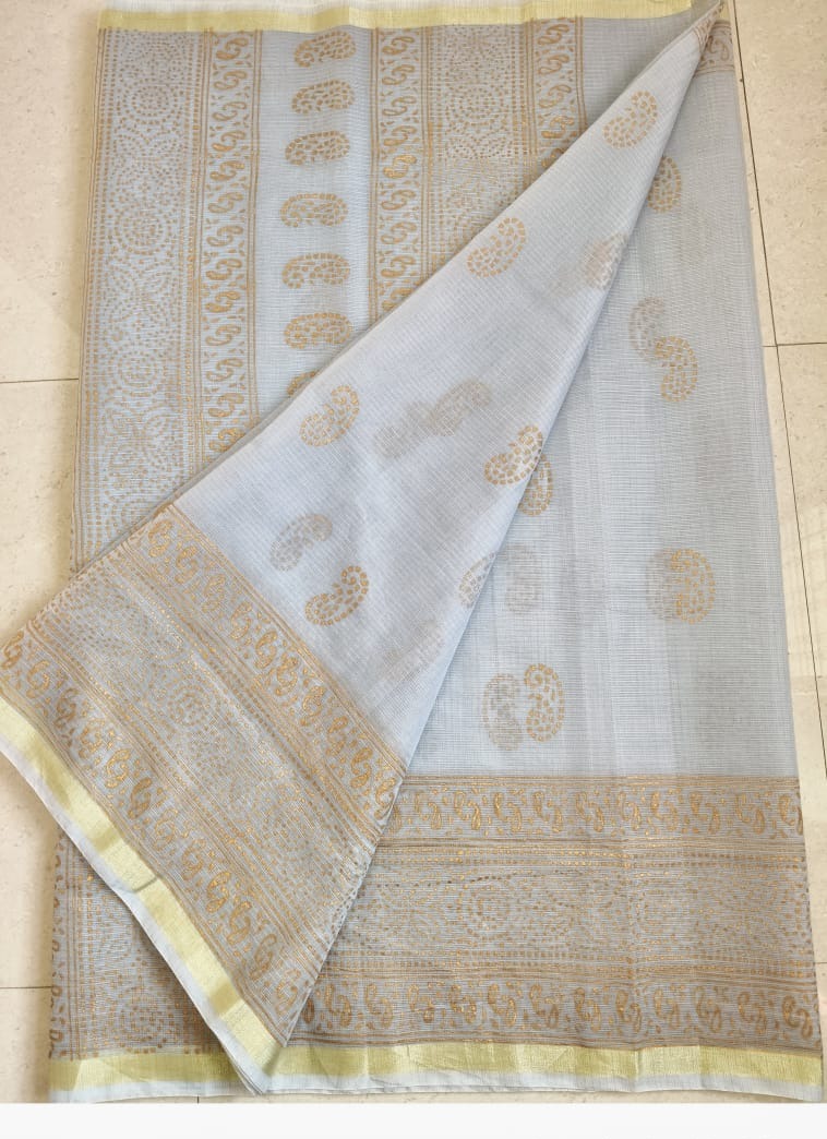 Kota Cotton Saree with Hand Block Print Grey