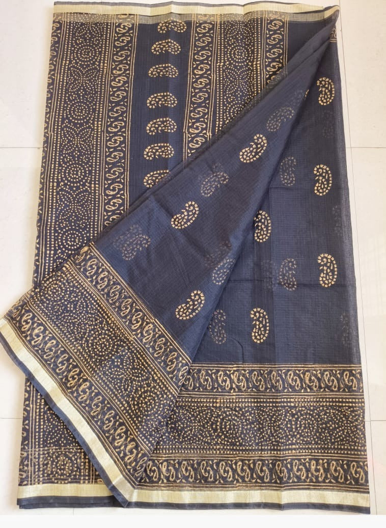 Kota Cotton Saree with Hand Block Print Blue