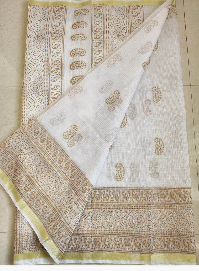 Kota Cotton Saree with Hand Block Print Cream