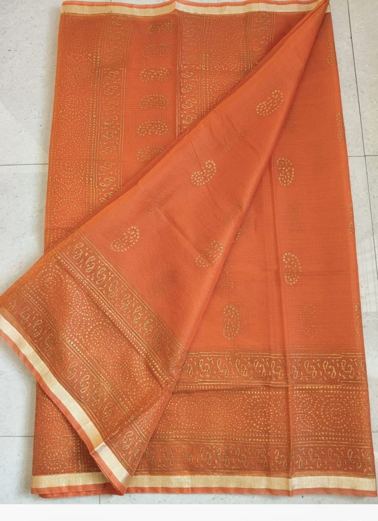 Kota Cotton Saree with Hand Block Print Orange