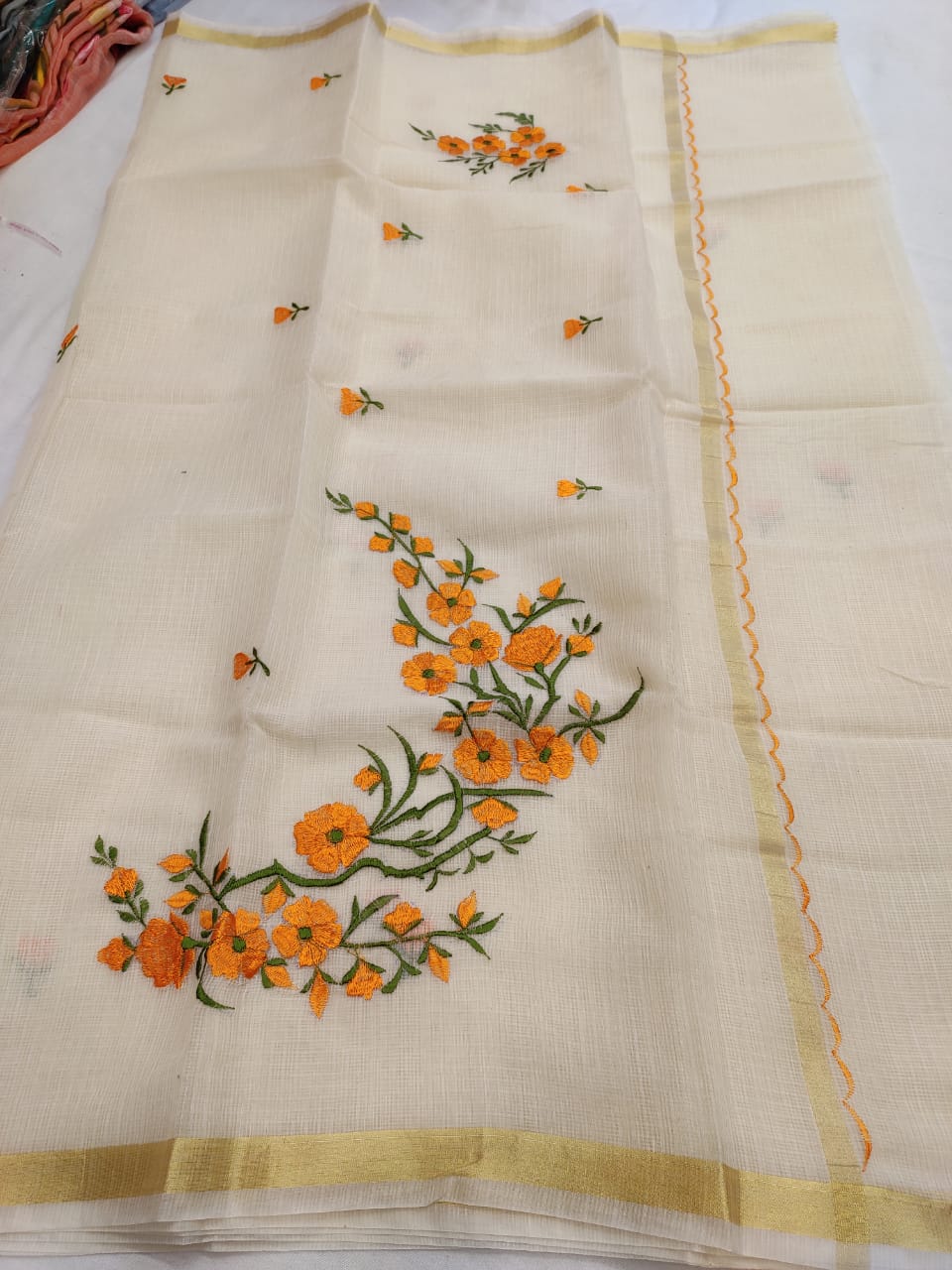 Kota Cotton Artistic Embroidery CreamOrange