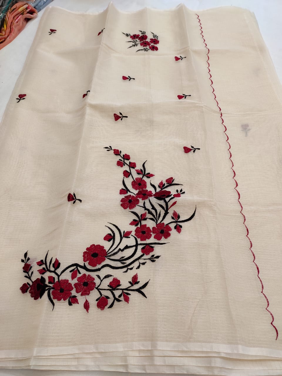Kota Cotton Artistic Embroidery Cream Maron