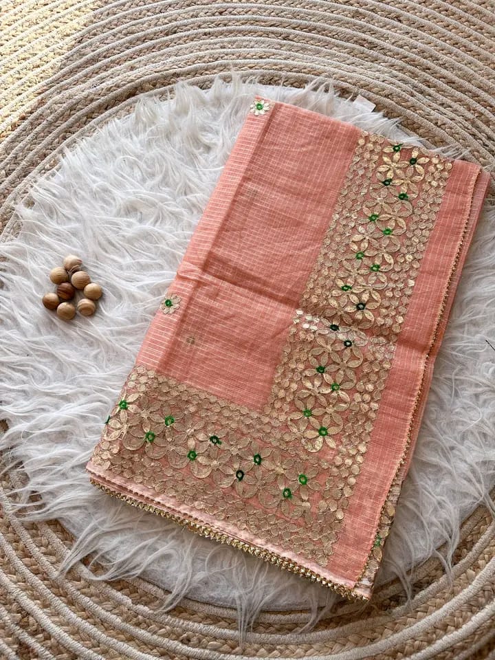 Kota Cotton Saree in Gota Patti Border Peach
