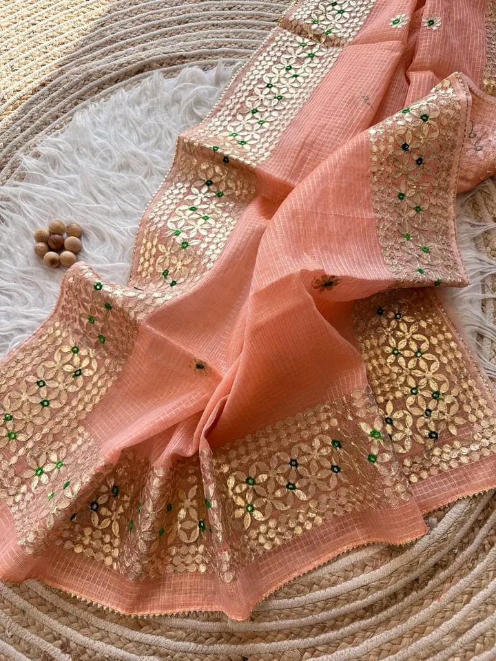 Kota Cotton Saree in Gota Patti Border Peach
