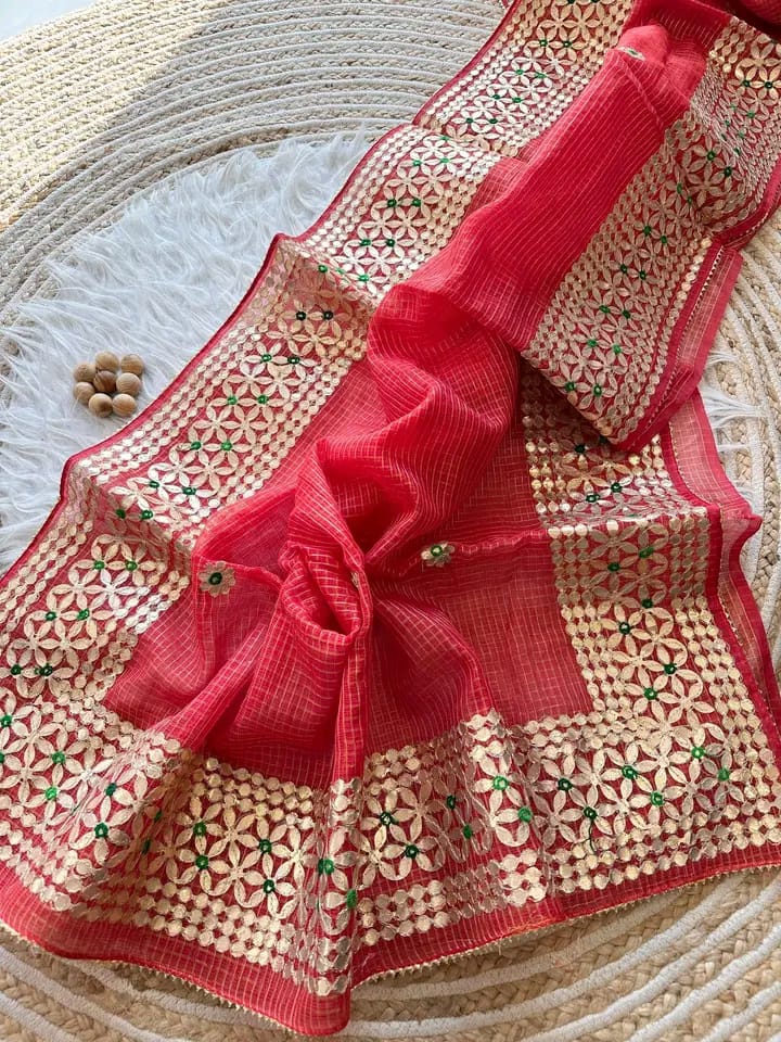 Kota Cotton Saree in Gota Patti Border Red