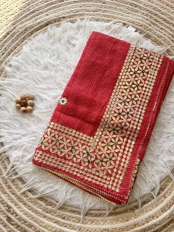 Kota Cotton Saree in Gota Patti Border Red