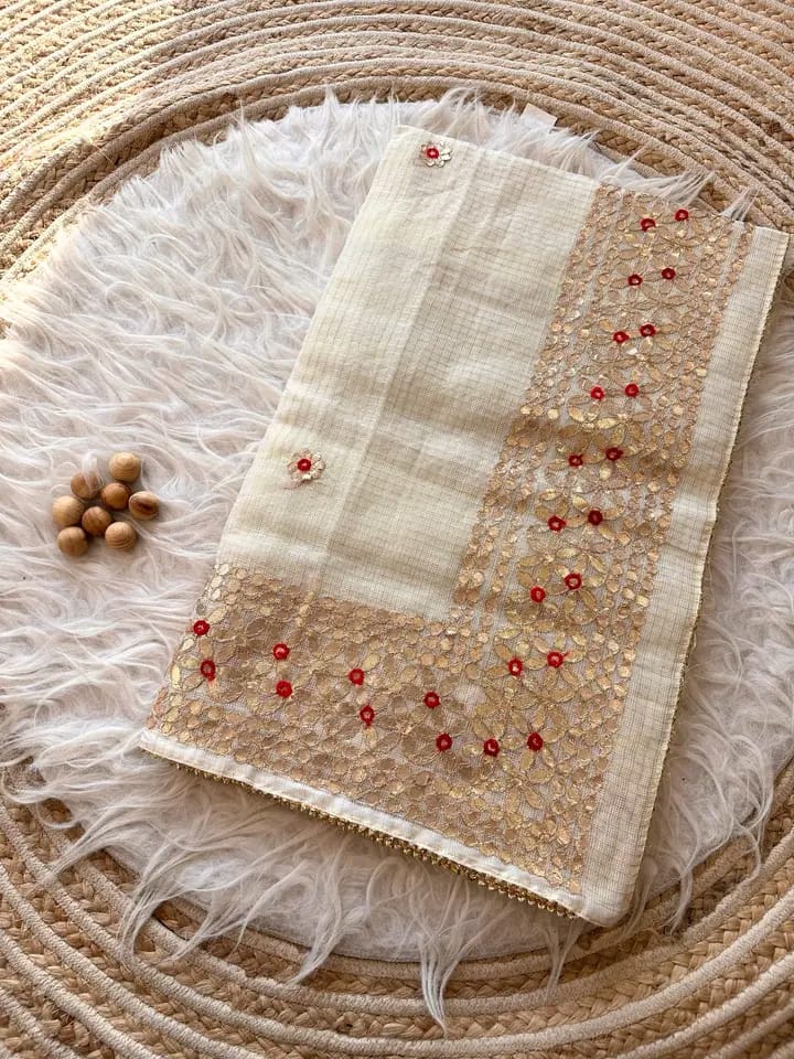 Kota Cotton Saree in Gota Patti Border Cream