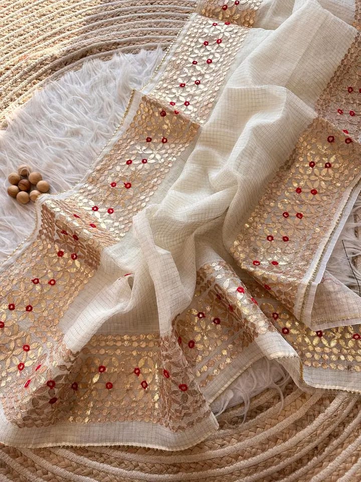 Kota Cotton Saree in Gota Patti Border Cream