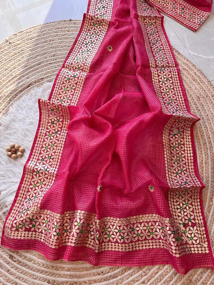 Kota Cotton Saree in Gota Patti Border Pink