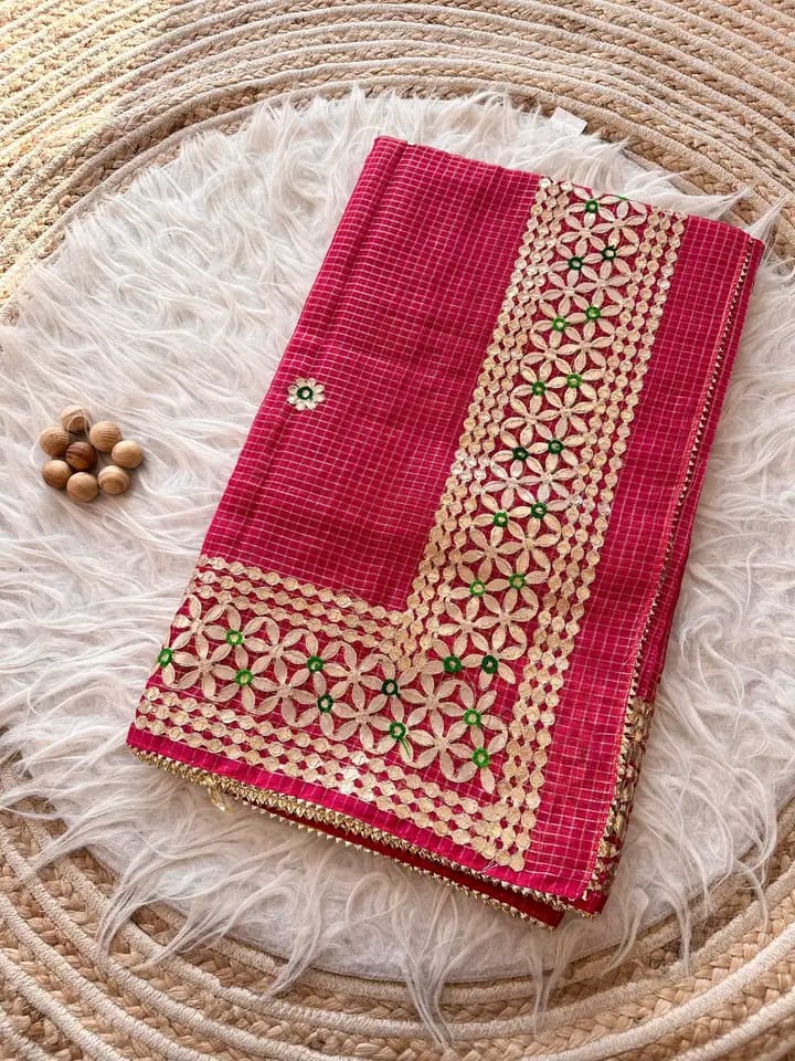 Kota Cotton Saree in Gota Patti Border Pink