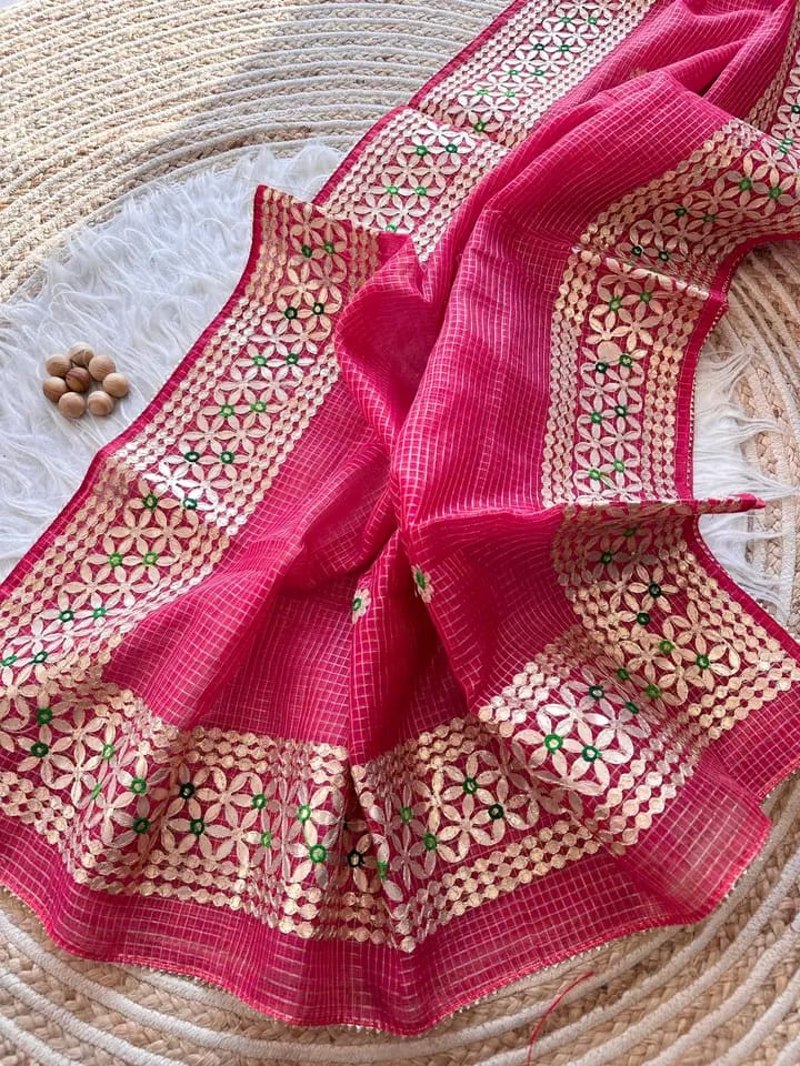 Kota Cotton Saree in Gota Patti Border Pink